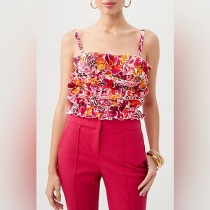 Trina Turk Saha Floral Ruffle Smocked Crop Top – Vibrant Pink Statement Piece